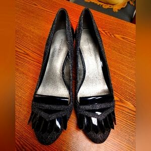 Black and gray tweed dress pumps